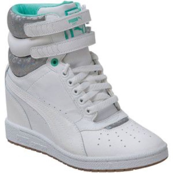 Puma White and Teal High-Top Sneakers with Wedge Hidden Heel - Picture 1 of 12